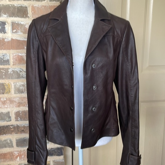 Henry Grethel Brown Leather Jacket Moto Tailored Buckle Accents Snap Front - Picture 6 of 15